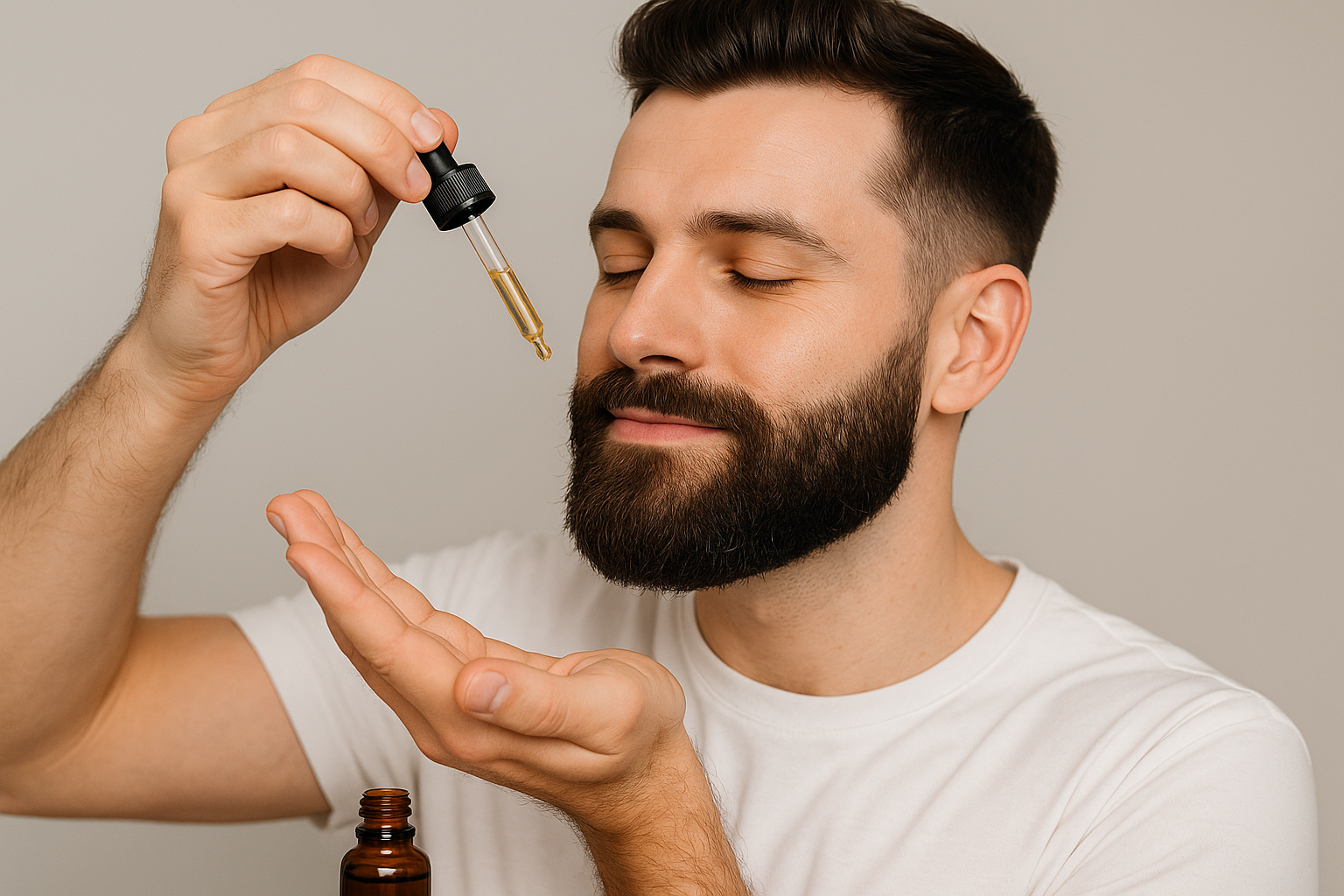good looking man man applying beard oil to his beard
