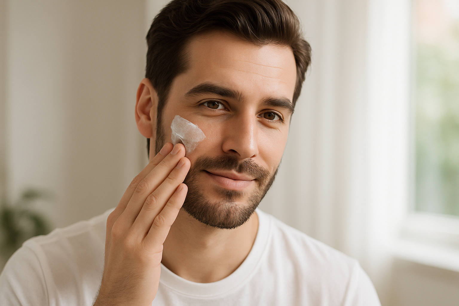 good man looking applying moisturizer