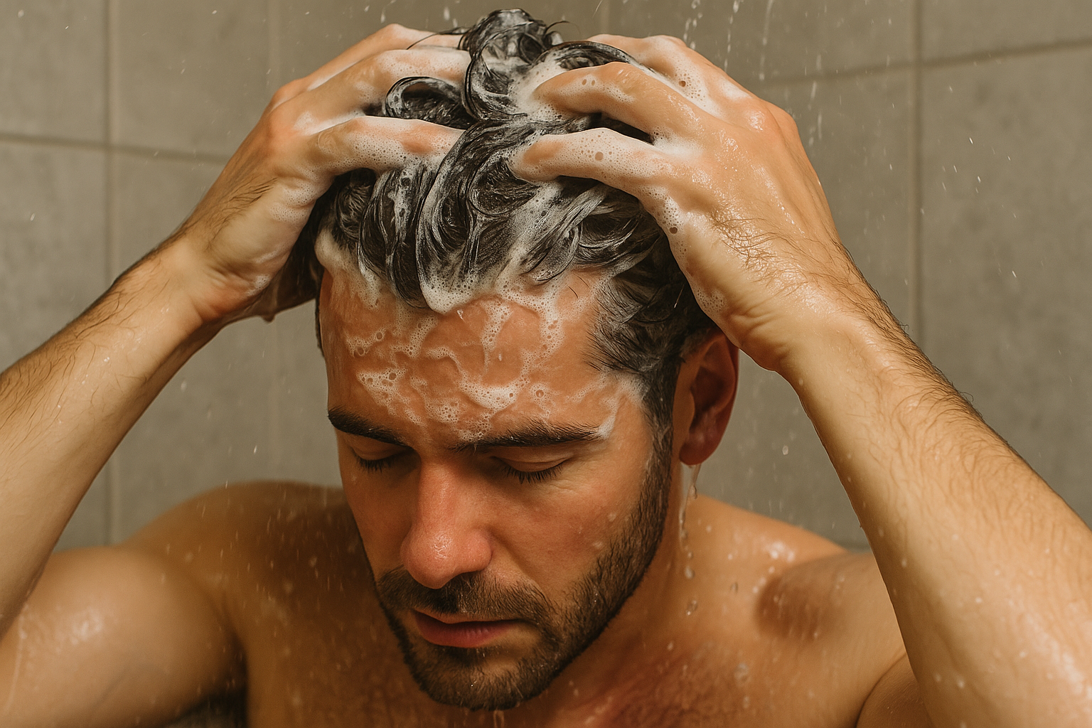 man shampooing with wet hair don't show the bottle