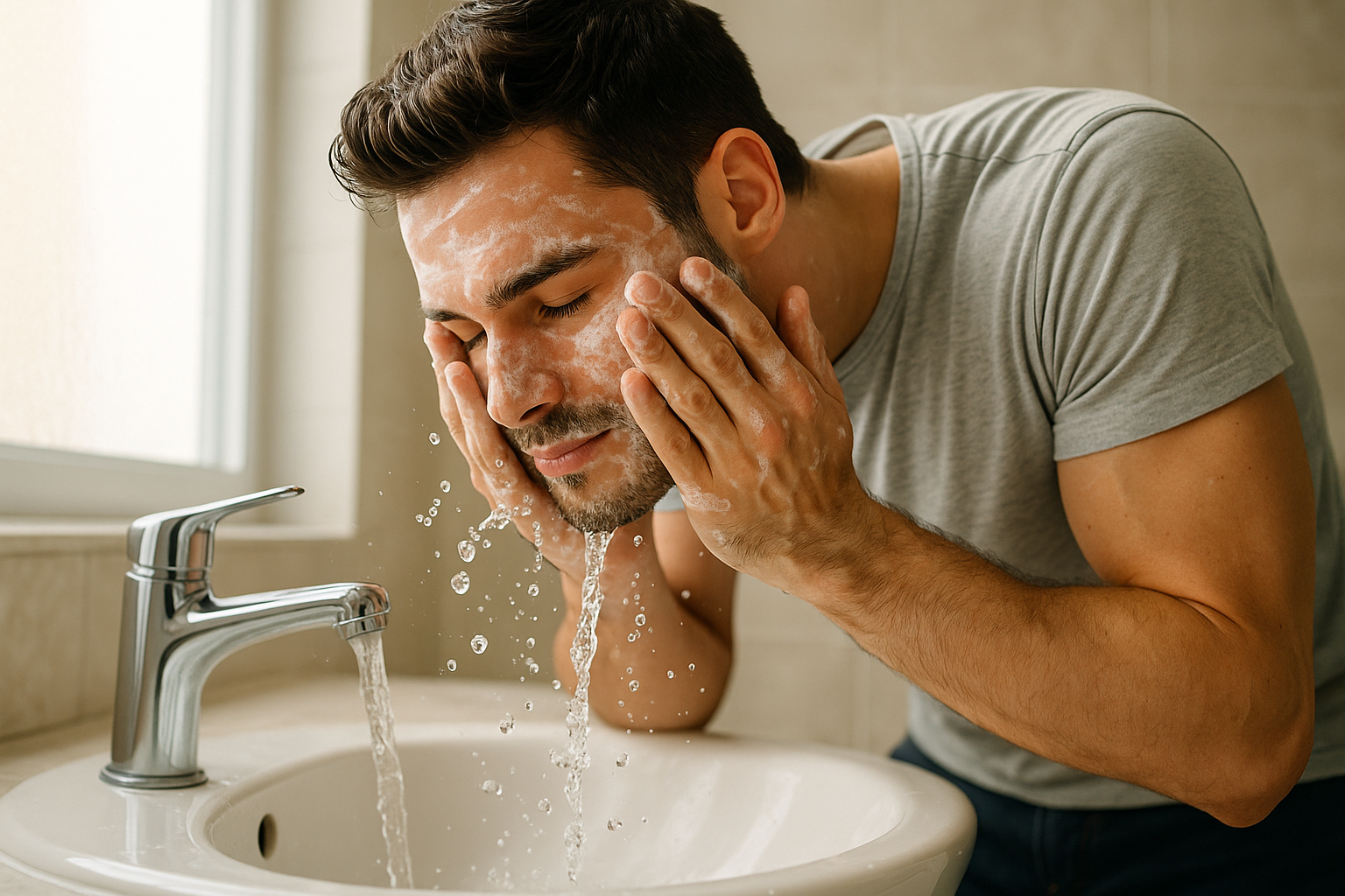 good looking man washing his face with cleanser