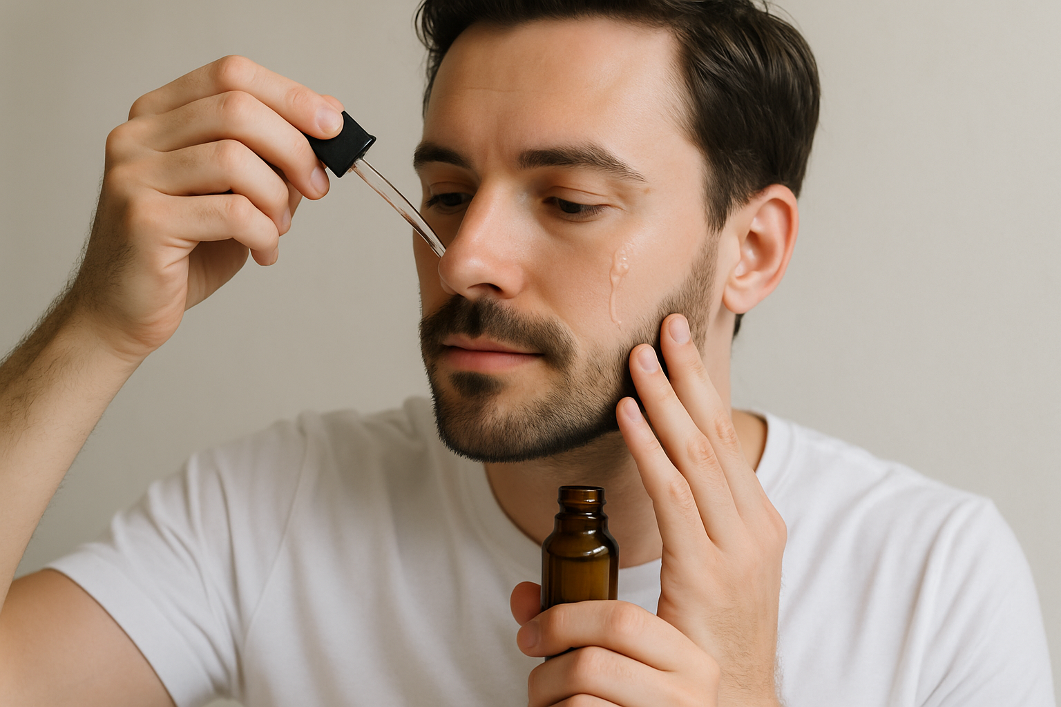 man applying serum with a brown bottle to his face